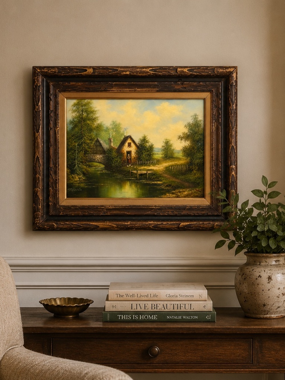 Vintage oil, painting Framed Landscape Wall Art in Brown and Green - Unbranded